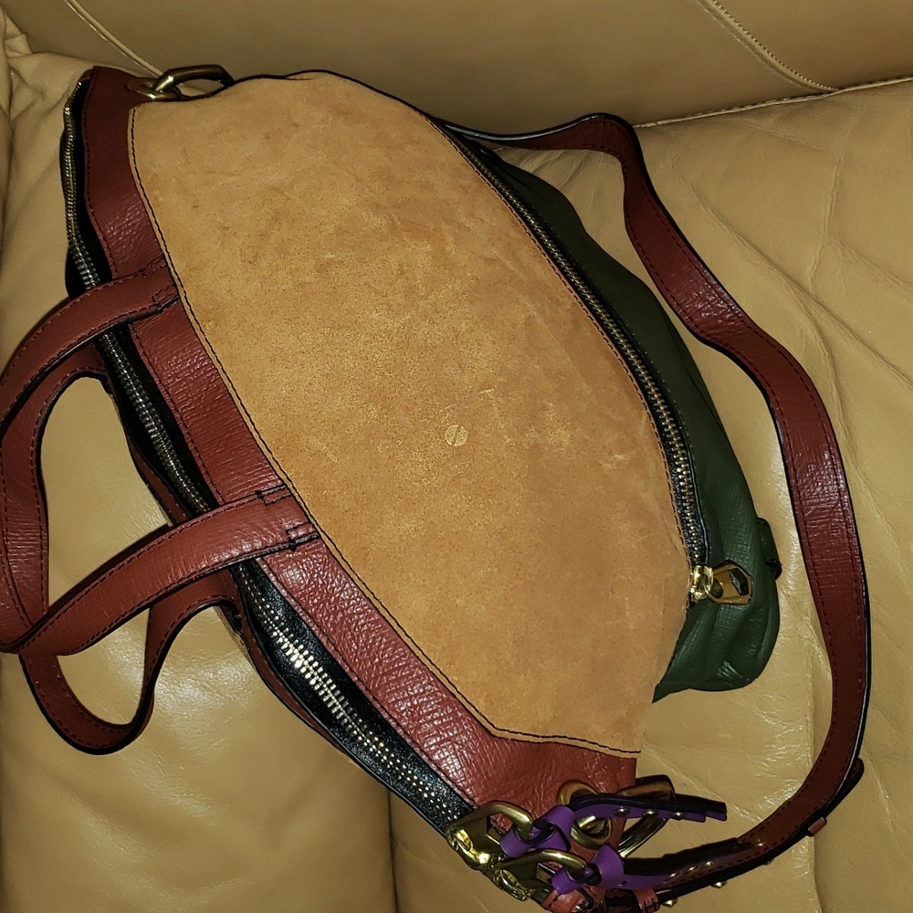 orYANY Suede and Leather Colorblock Satchel in Tan, Brown, and Green - Picture 3 of 13